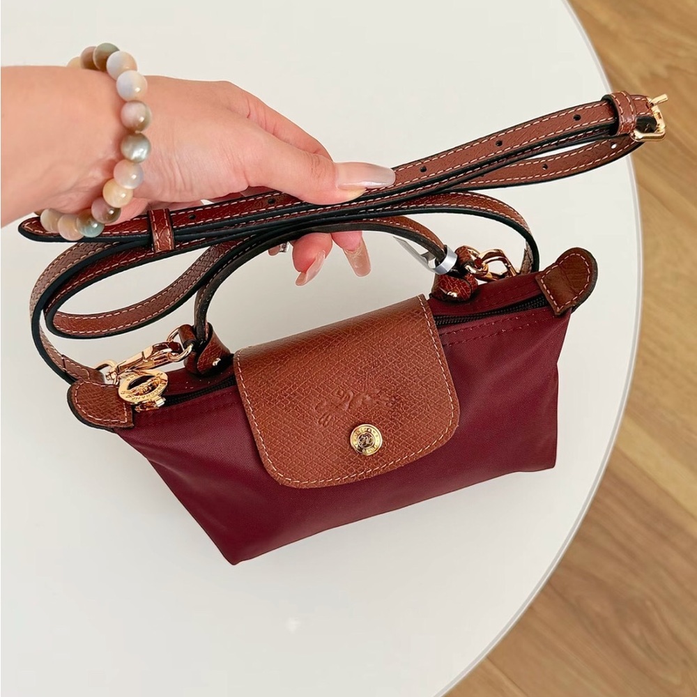 Longchamp Le Pliage Mini Top Handle Crossbody Bag Burgundy Brown Leather Trim